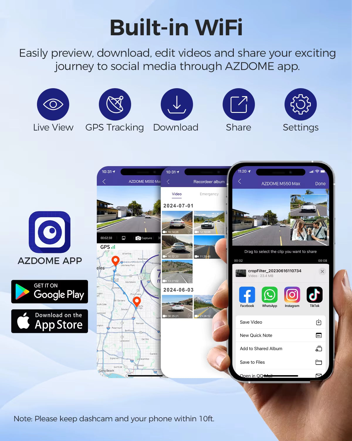 M550 Max 4K Dash Cam with Built-In GPS and Wi-Fi, 3.18” Screen, Night Vision, 24-Hour Parking Monitoring, Rear Camera Support